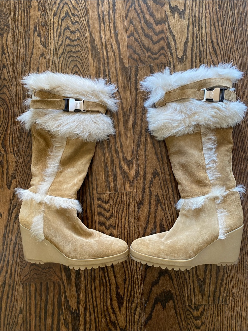 Coach Tan Faux-Fur Trim Wedge Boots with Buckle